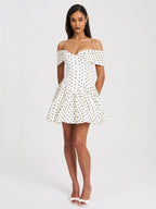Edeline Polka Dot Off shoulder Pleated Mini Dress
