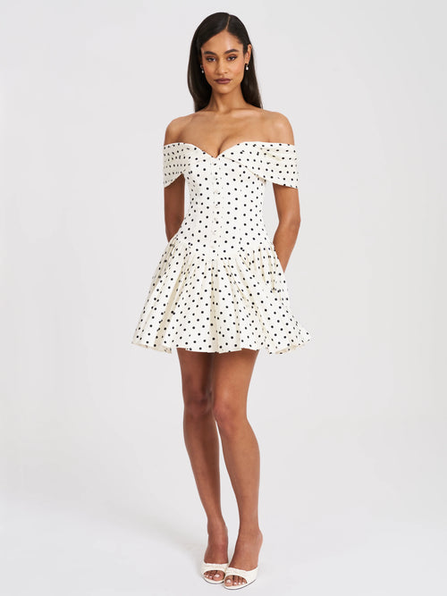 Edeline Polka Dot Off shoulder Pleated Mini Dress
