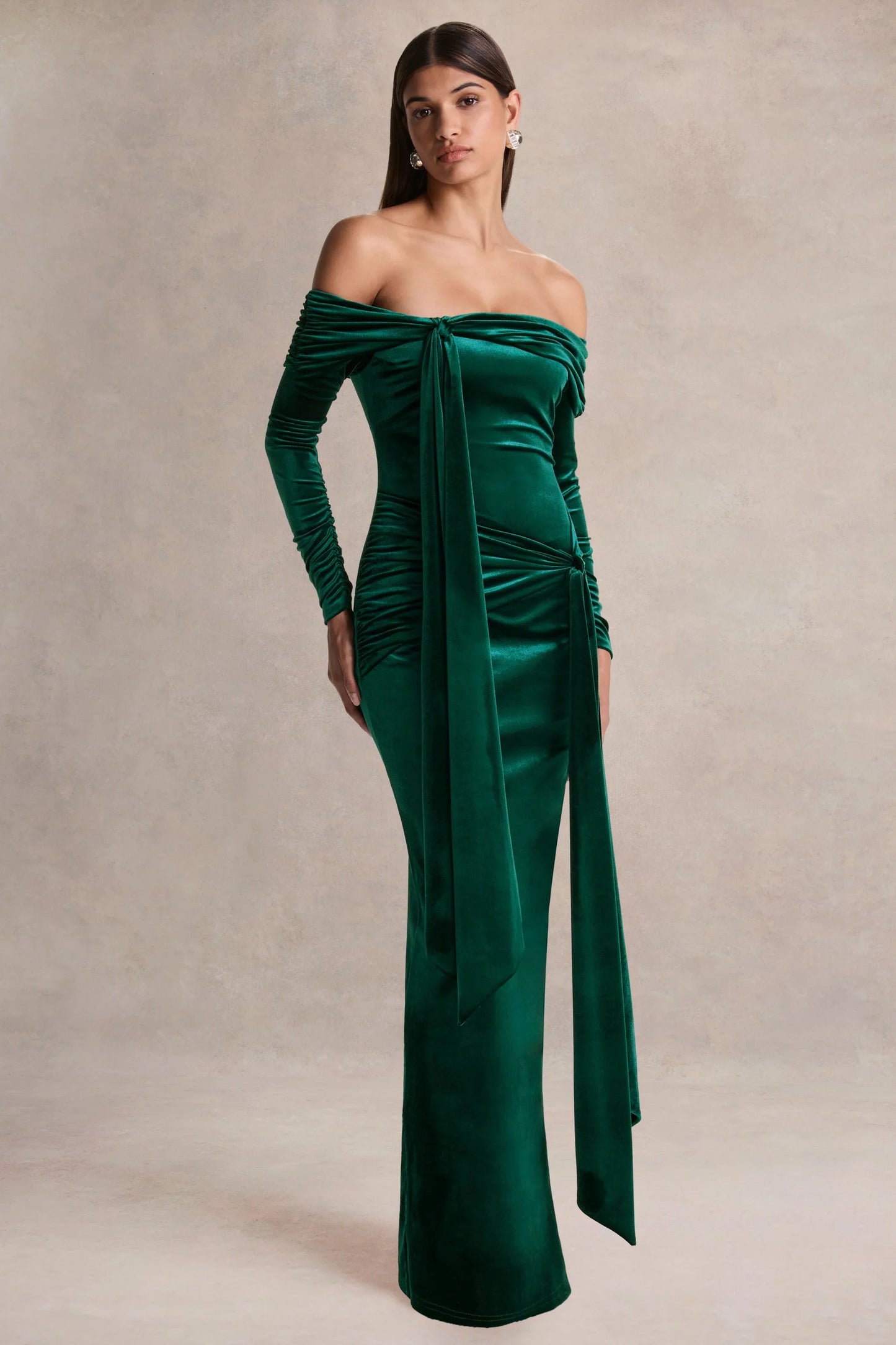 Jessara Bottle Green Bardot Neck Maxi Dress With Knot Details