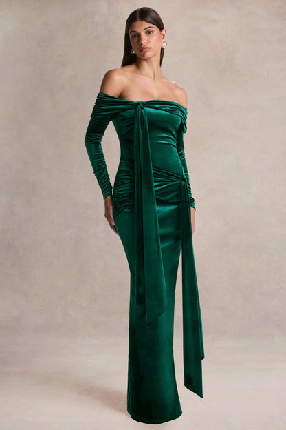 Jessara Bottle Green Bardot Neck Maxi Dress With Knot Details