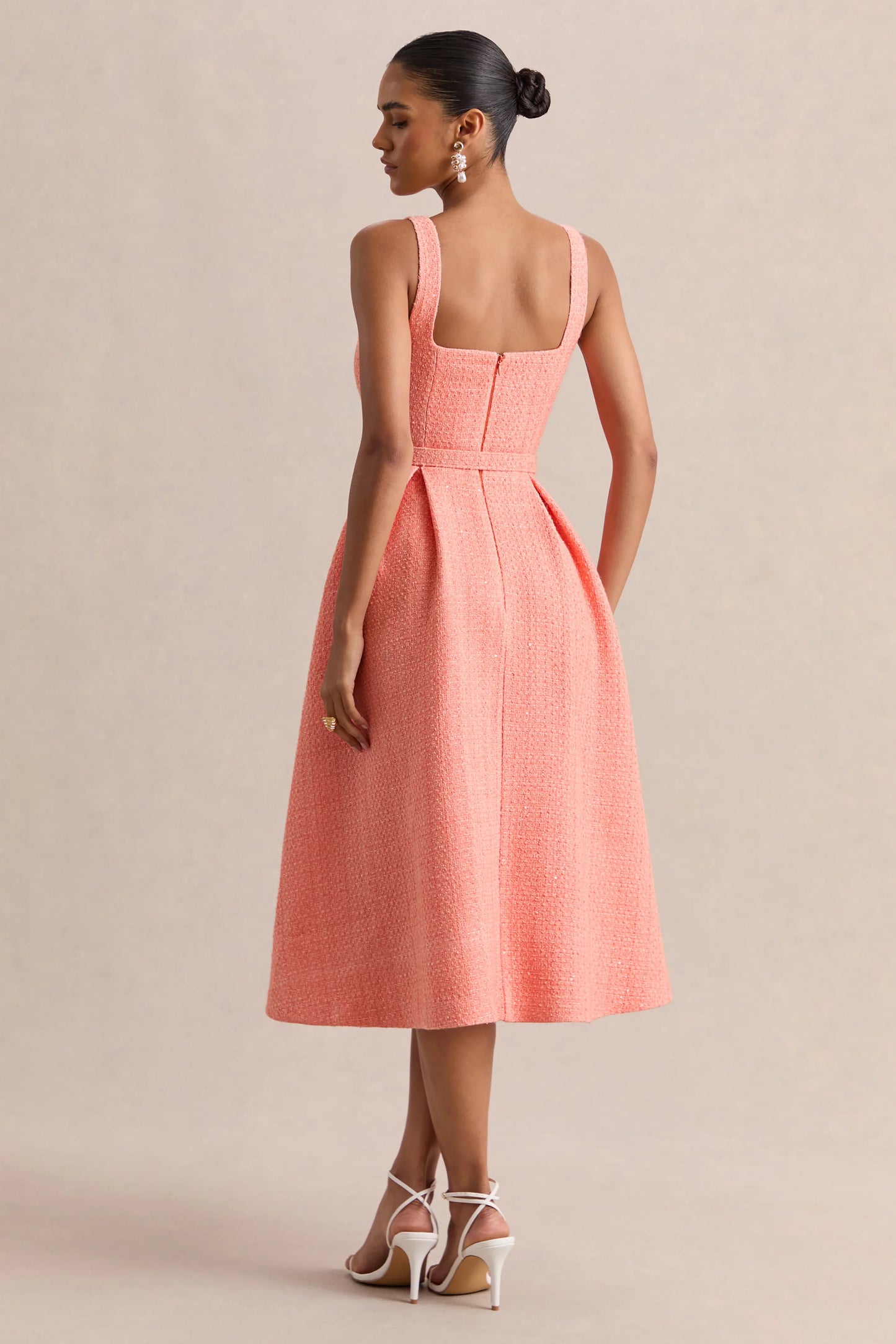 Camoria Coral Boucle Square Neck Midi Dress