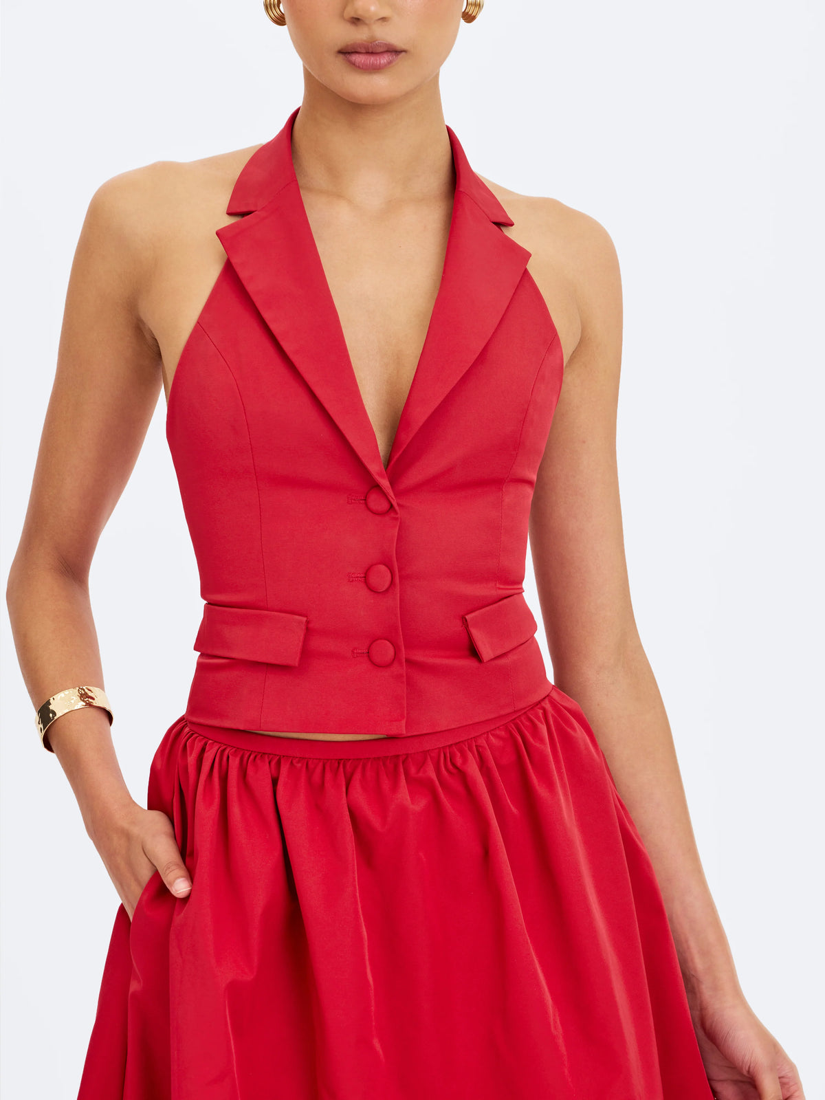 Ursella Crimson Halter Single Breasted Lapel Top