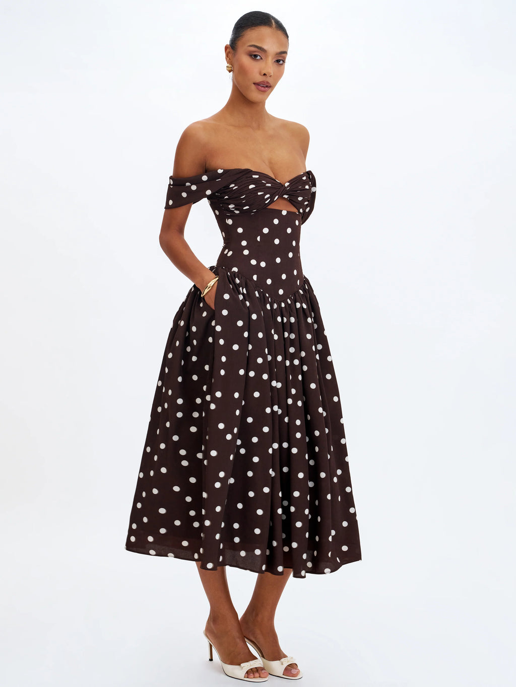 Xandie Mocha Polka Dot Off Shoulder Midi Dress