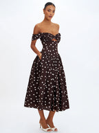 Xandie Mocha Polka Dot Off Shoulder Midi Dress