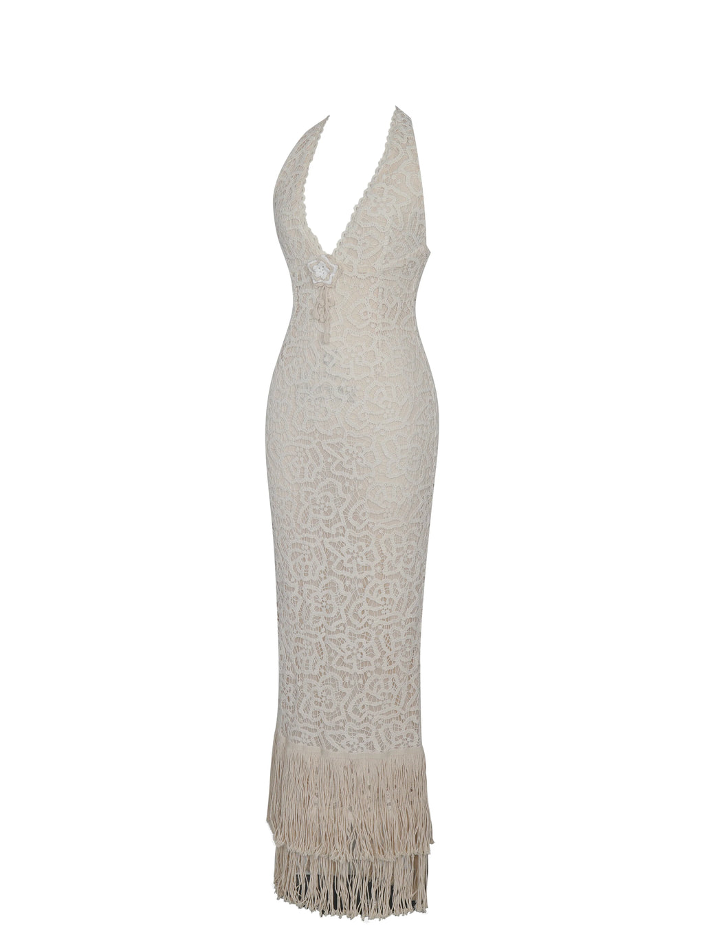 Faelyn Off White Double Fringe Crochet Halter Maxi Dress