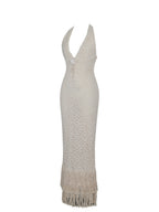 Faelyn Off White Double Fringe Crochet Halter Maxi Dress