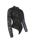 Quenisa Black Chenille Lace Long Sleeve Bodysuit