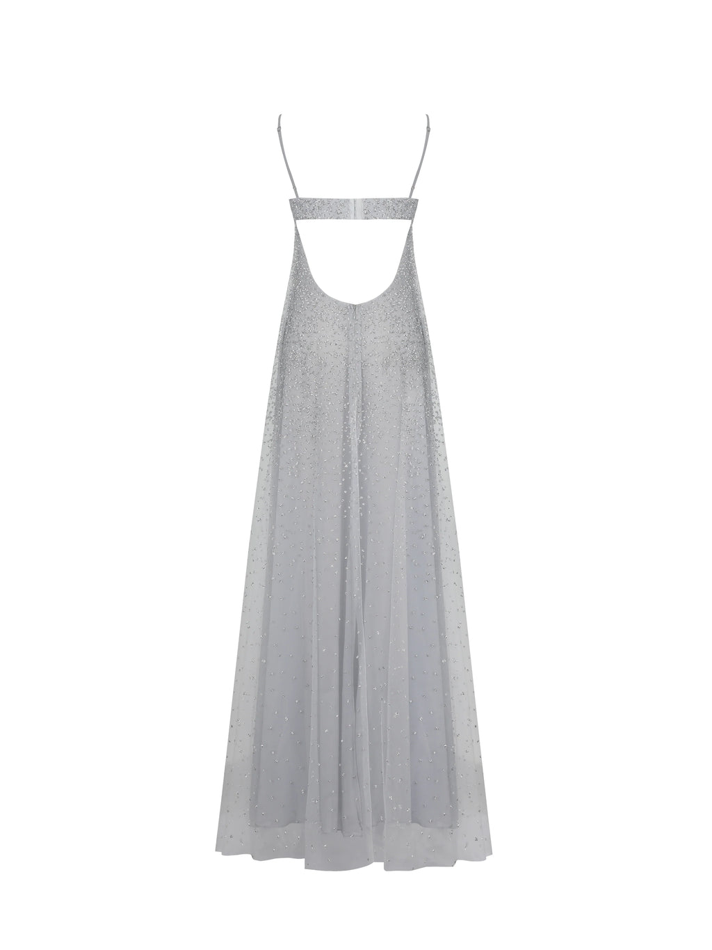 Wallie Silver Rhinestone Embellished Mesh Backless Gown