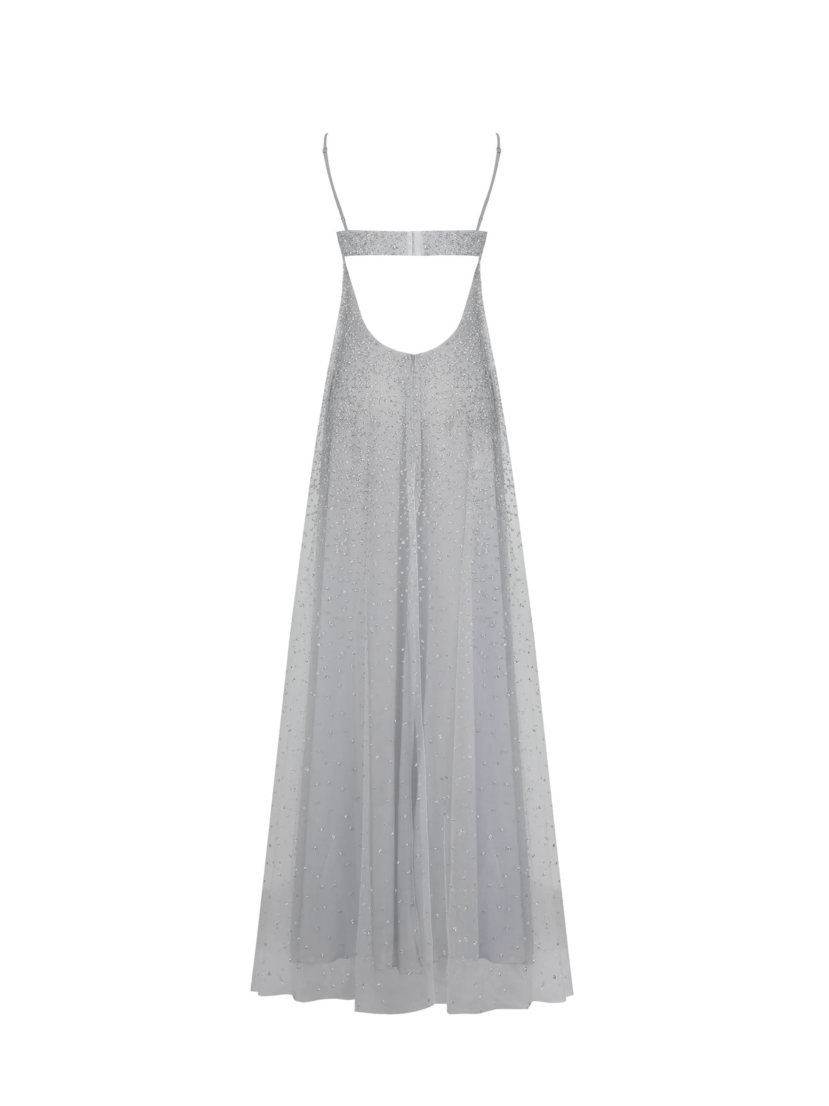 Wallie Silver Rhinestone Embellished Mesh Backless Gown