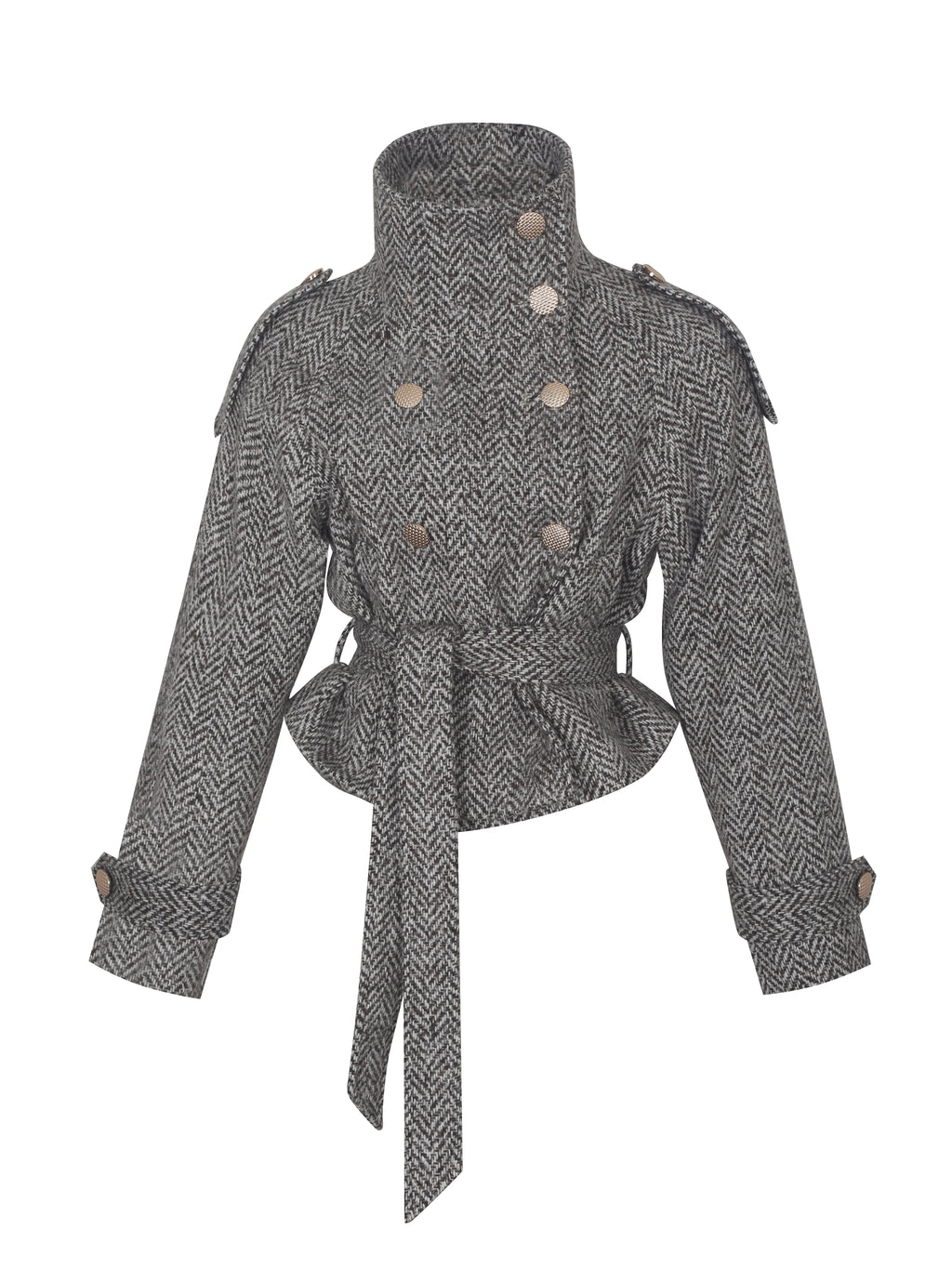Sadie Brown White Herringbone High Collar Belted Mini Jacket