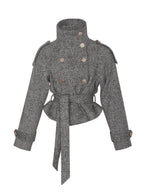 Sadie Brown White Herringbone High Collar Belted Mini Jacket