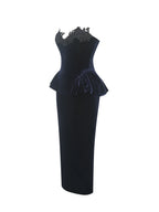 Pascha Black Lace Appliqué Strapless Peplum Midi Dress