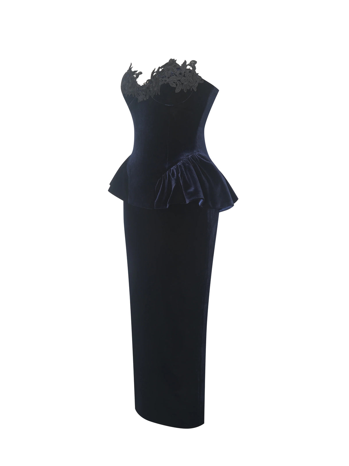 Pascha Black Lace Appliqué Strapless Peplum Midi Dress