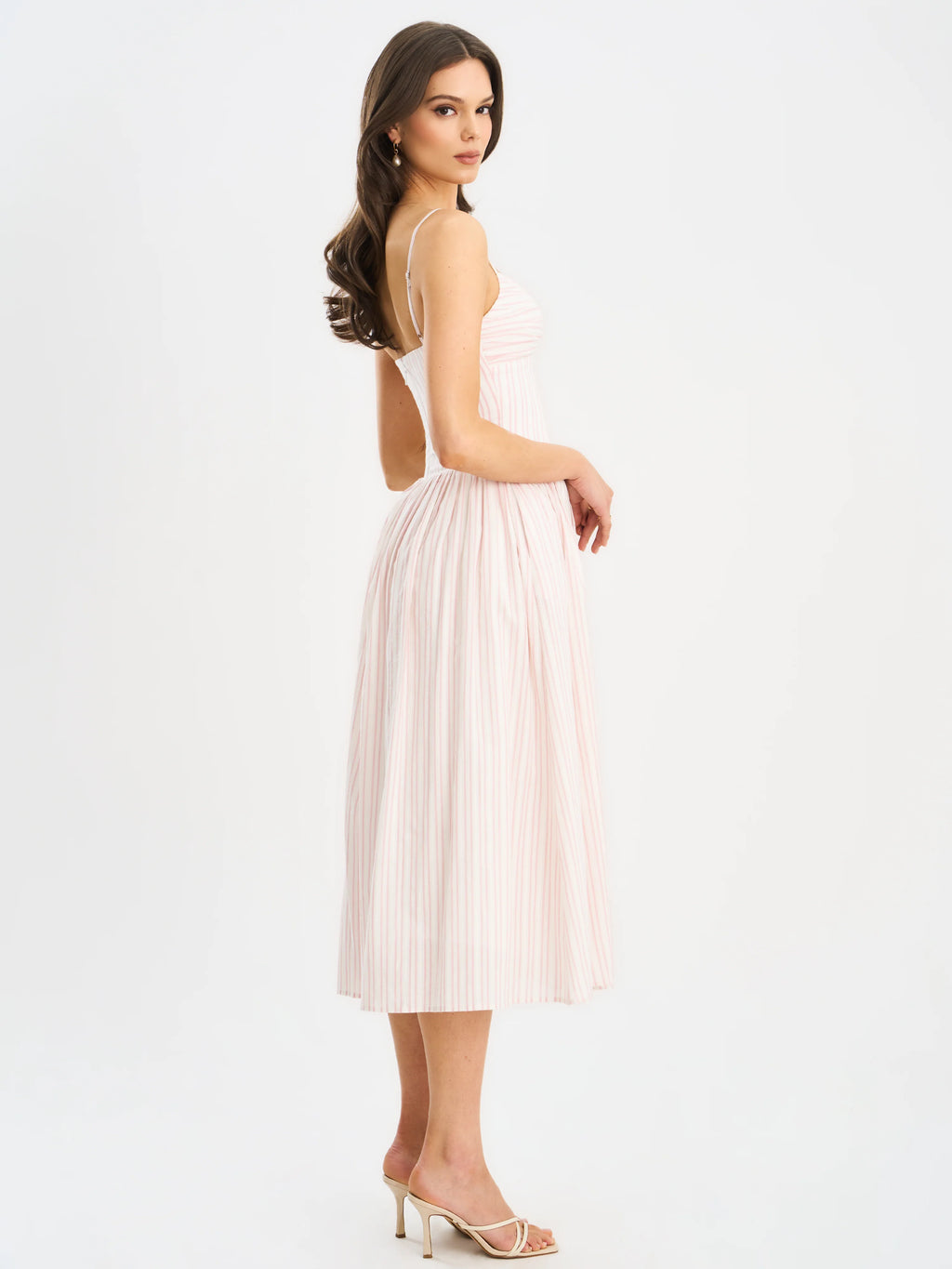 Zania Pink Stripe Cotton Jacquard Midi Dress