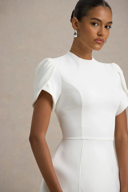 Carabella White High Neck Short Sleeve Mini Dress