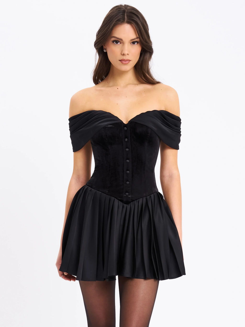 Echo Black Velvet Off shoulder Pleated Mini Dress