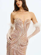 Quinci Apricot Beaded Sequin Sweetheart Maxi Dress