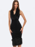 Onalee Black Croc Embossed Velvet Fur Midi Dress