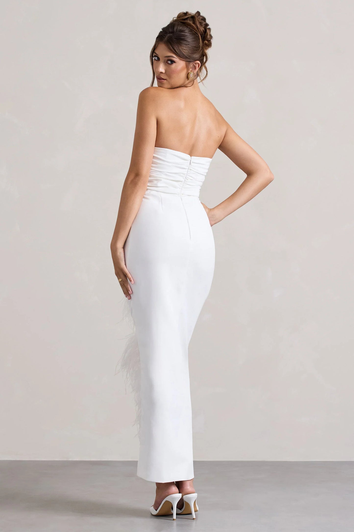 Chosen White Bandeau Wrap Maxi Dress With Feather Trim