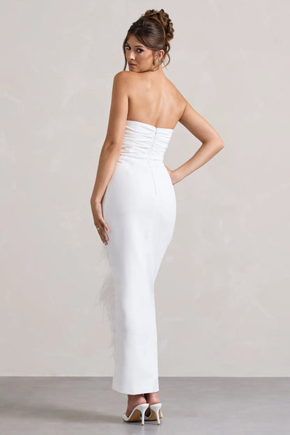 Chosen White Bandeau Wrap Maxi Dress With Feather Trim