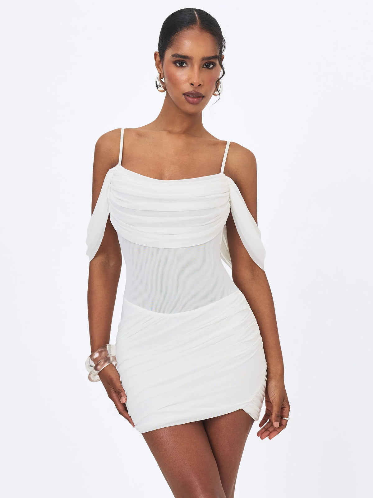 Umnia White Mesh Off Shoulder Drape Mini Dress