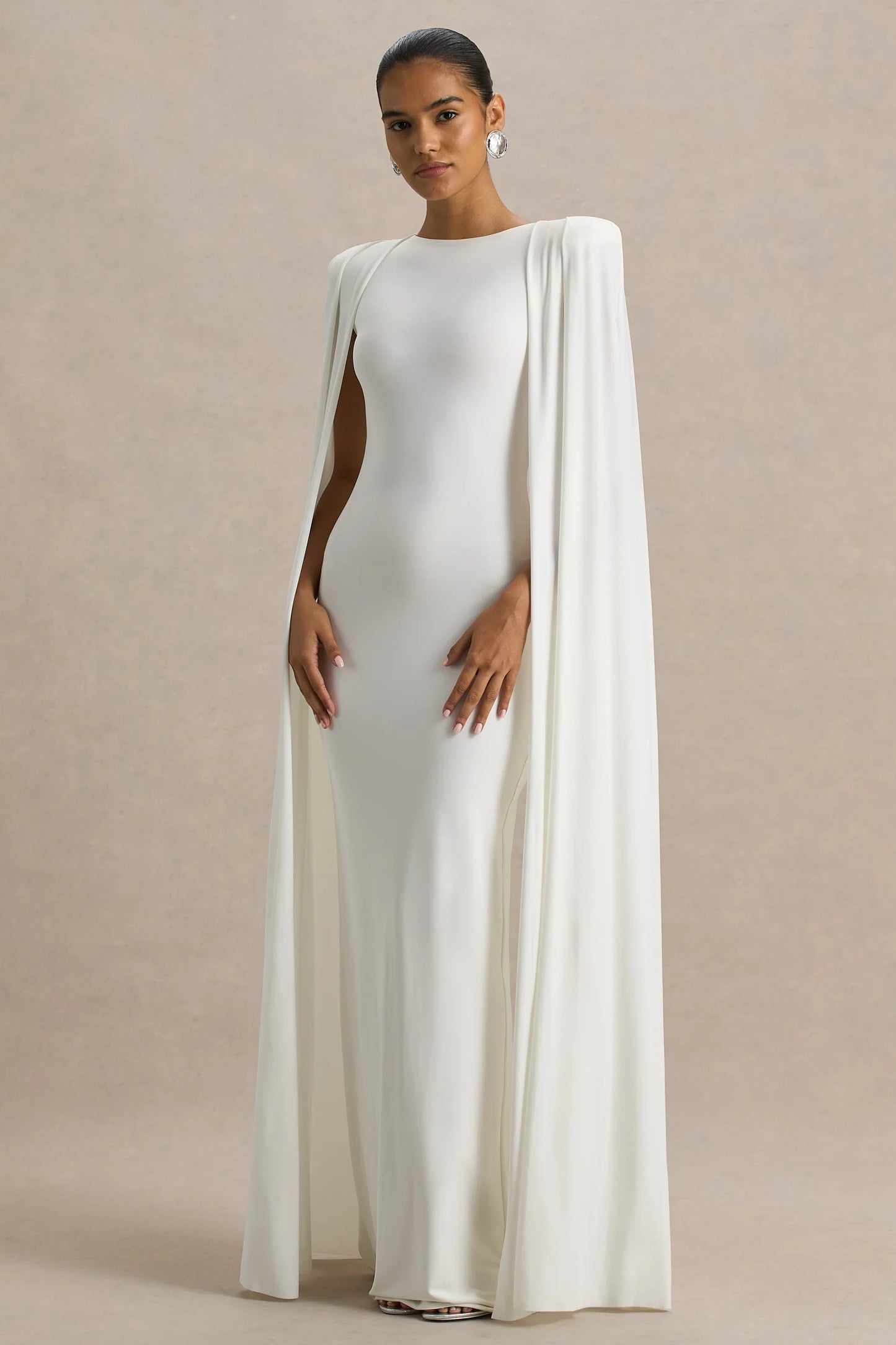 Mimi White Slashed Neck Maxi Dress With Cape Sleeve Detail