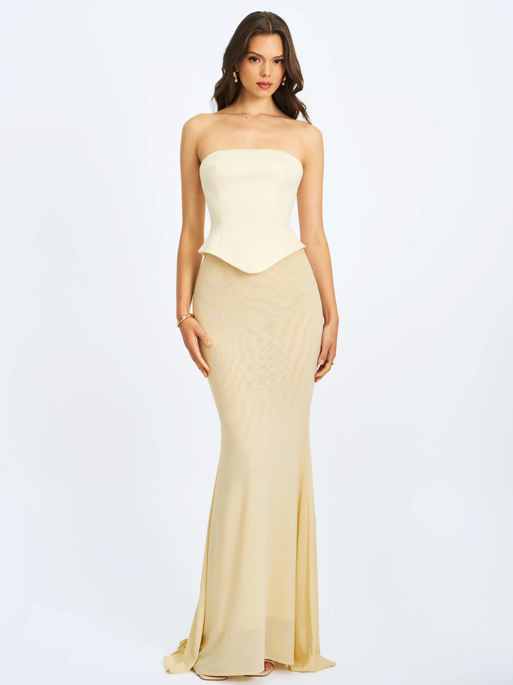 Adelina Butter Yellow Peplum Mermaid Gown with Lace up Back