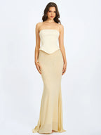 Adelina Butter Yellow Peplum Mermaid Gown with Lace up Back