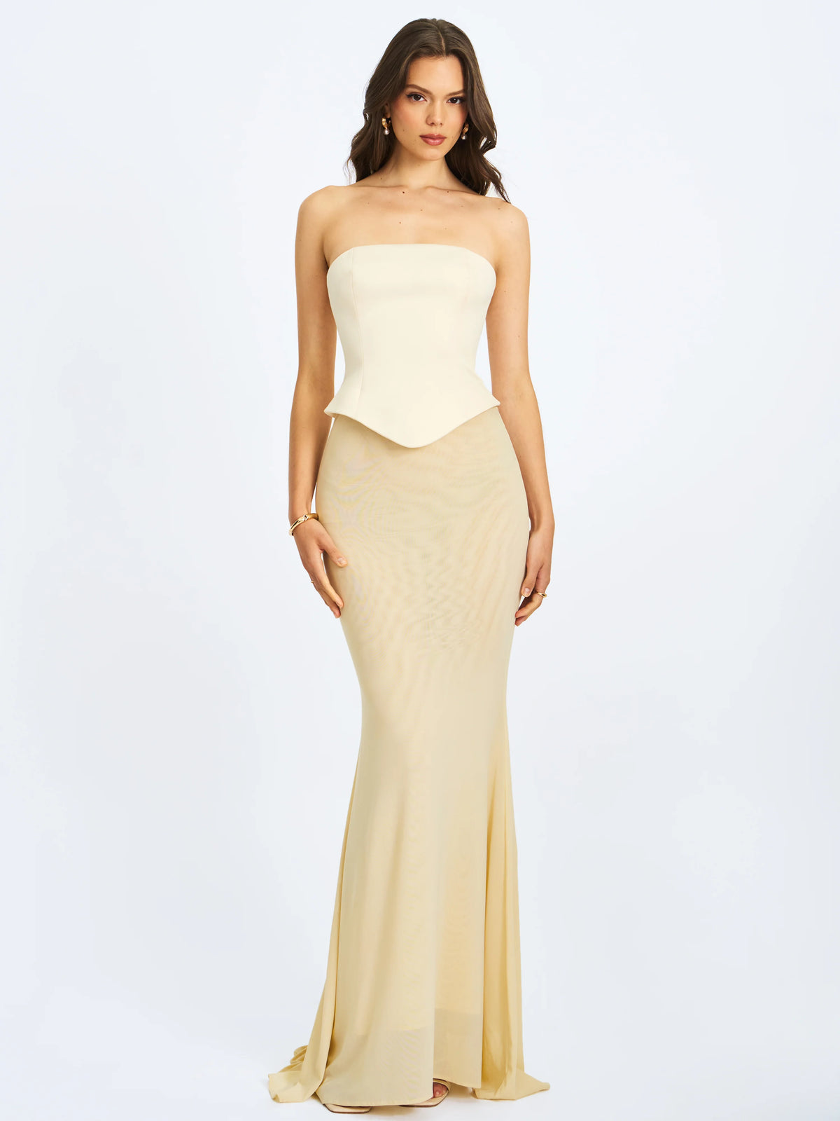 Adelina Butter Yellow Peplum Mermaid Gown with Lace up Back
