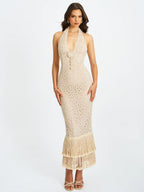 Faelyn Off White Double Fringe Crochet Halter Maxi Dress