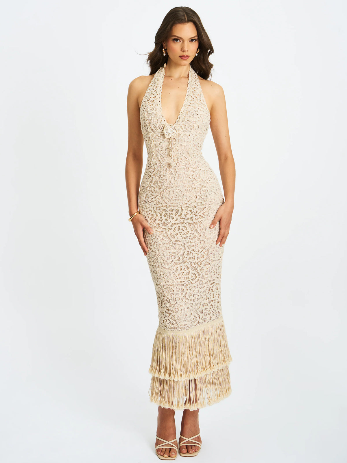 Faelyn Off White Double Fringe Crochet Halter Maxi Dress