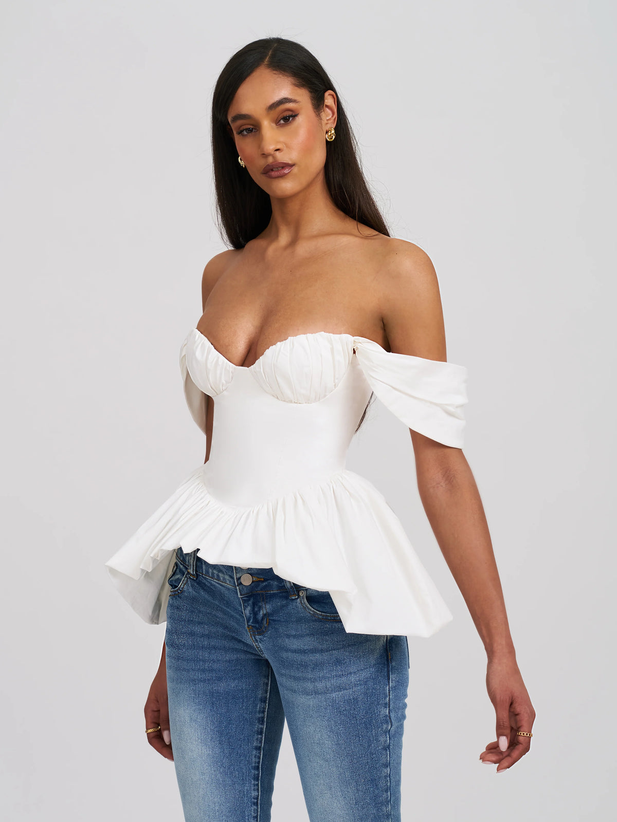 Qistina White Off shoulder Bubble Hem Peplum Cotton Top