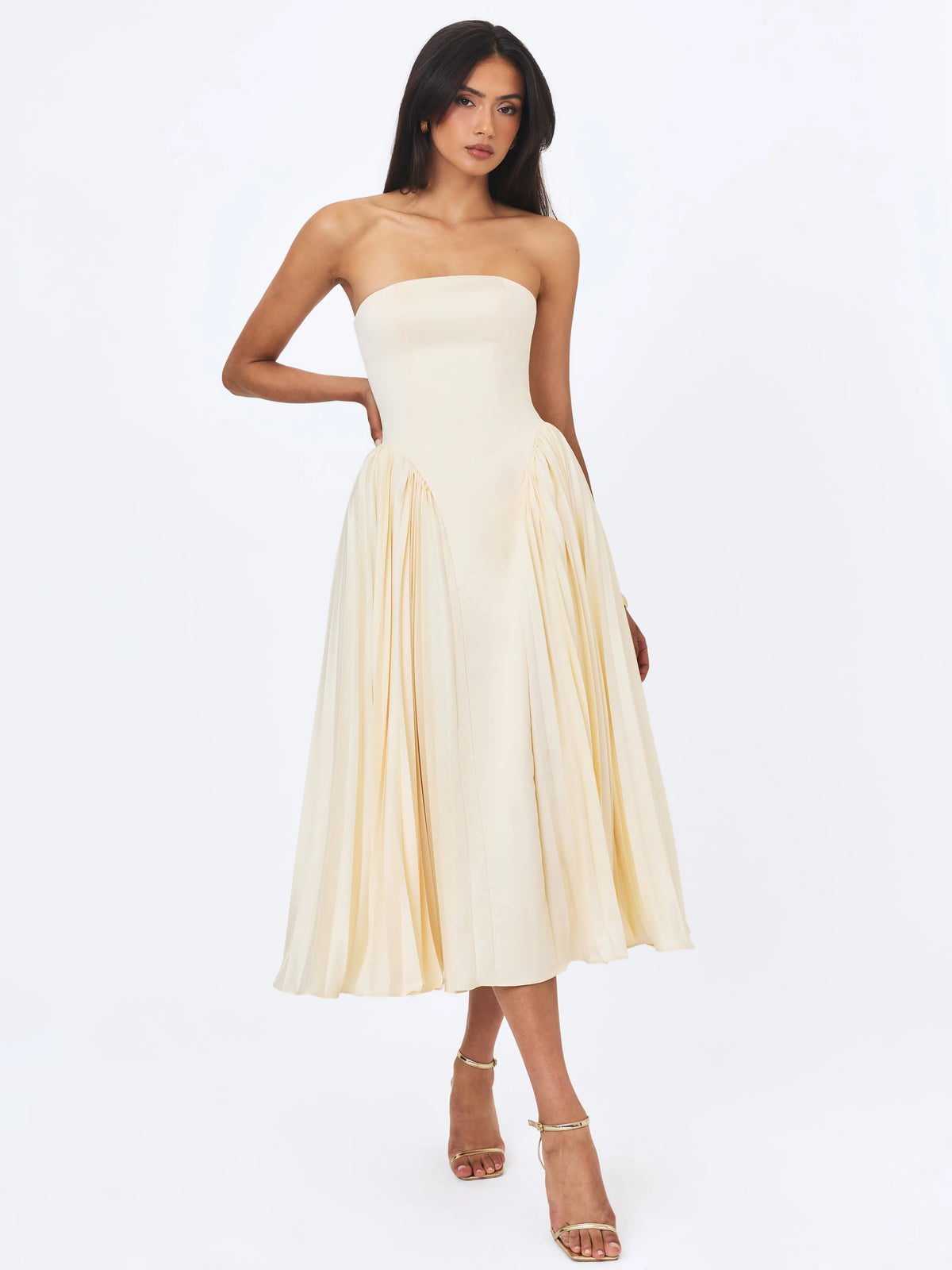 Marnie Butter Yellow Pleated Satin Midi Dress