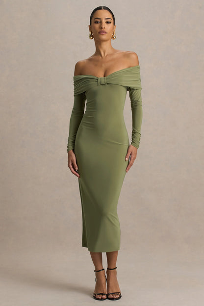 Spark Olive Bardot Neck Midi Dress With Bow Detail