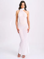 Olena White Burnout Velvet Animal Print Mesh Halter Neck Maxi Dress