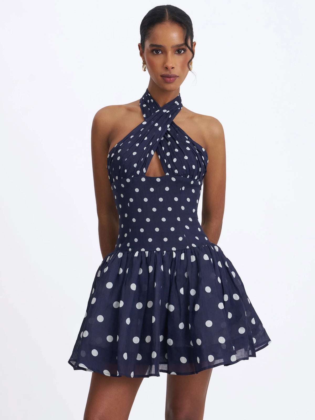Yamina Navy Polka Dot Ramie Crossover Halter Gathered Mini Dress
