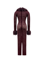 Luana Burgundy Plunging Fur Trimmed Burnout Mesh Maxi Dress