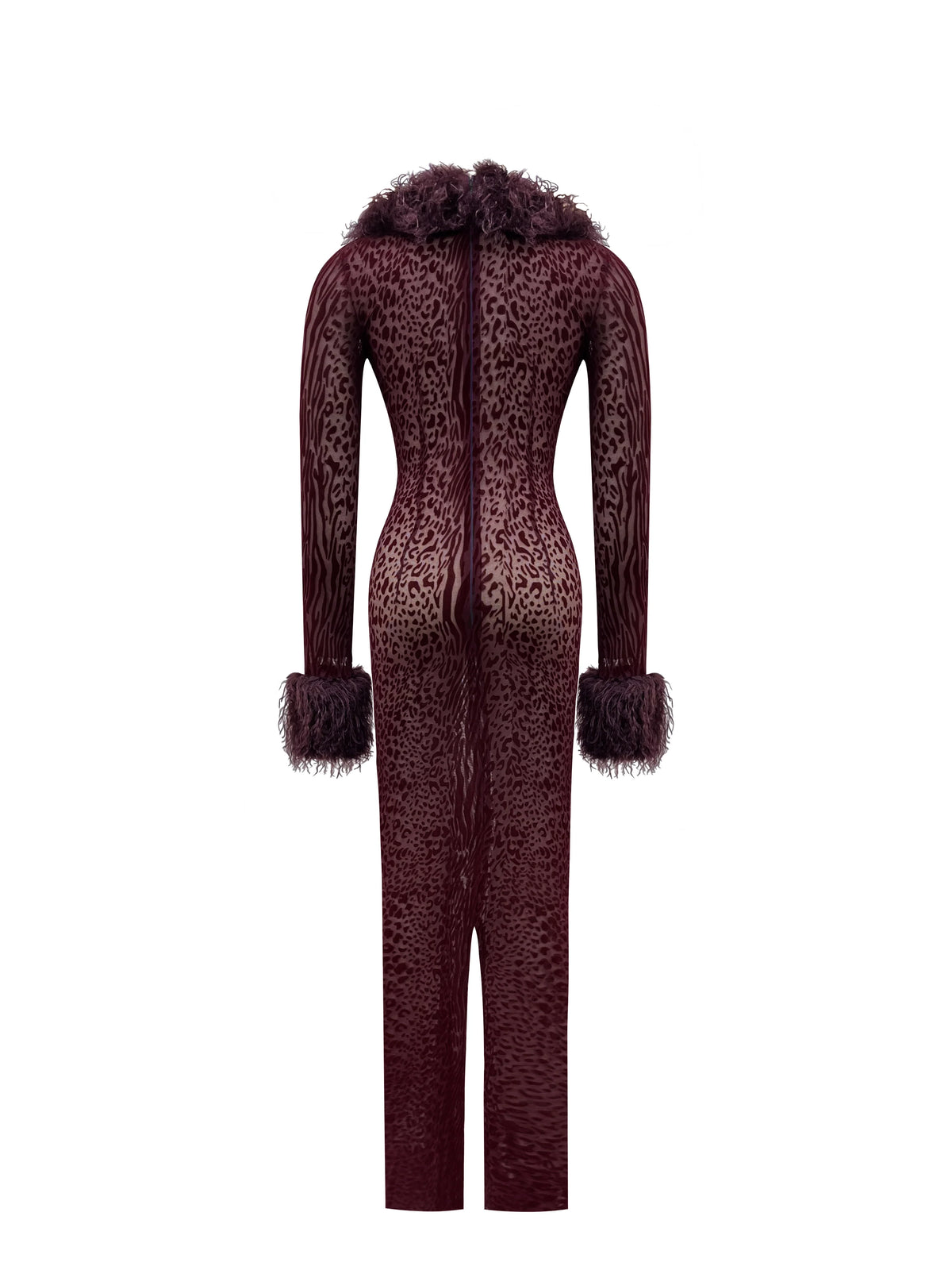 Luana Burgundy Plunging Fur Trimmed Burnout Mesh Maxi Dress