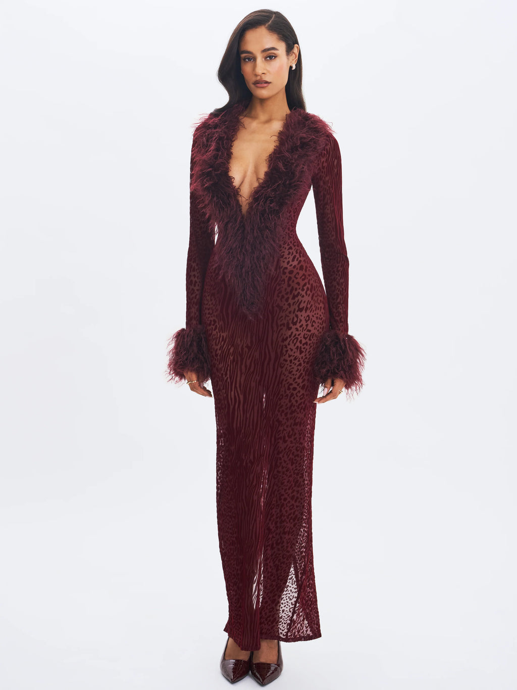 Luana Burgundy Plunging Fur Trimmed Burnout Mesh Maxi Dress
