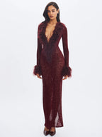 Luana Burgundy Plunging Fur Trimmed Burnout Mesh Maxi Dress