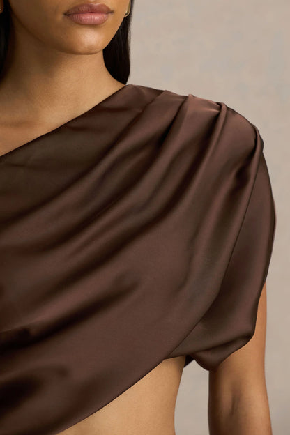 Entrapment Brown Satin Boat Neck Crop Top With Ruched Detailing