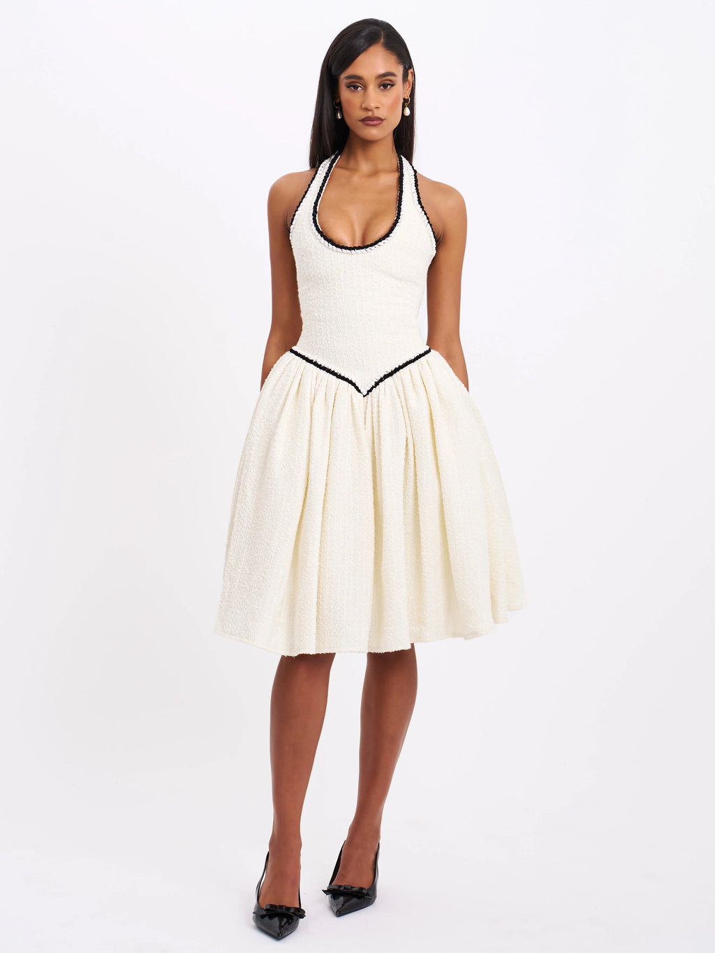 Natalie U Neck Halter Drop Waist Tweed Midi Dress