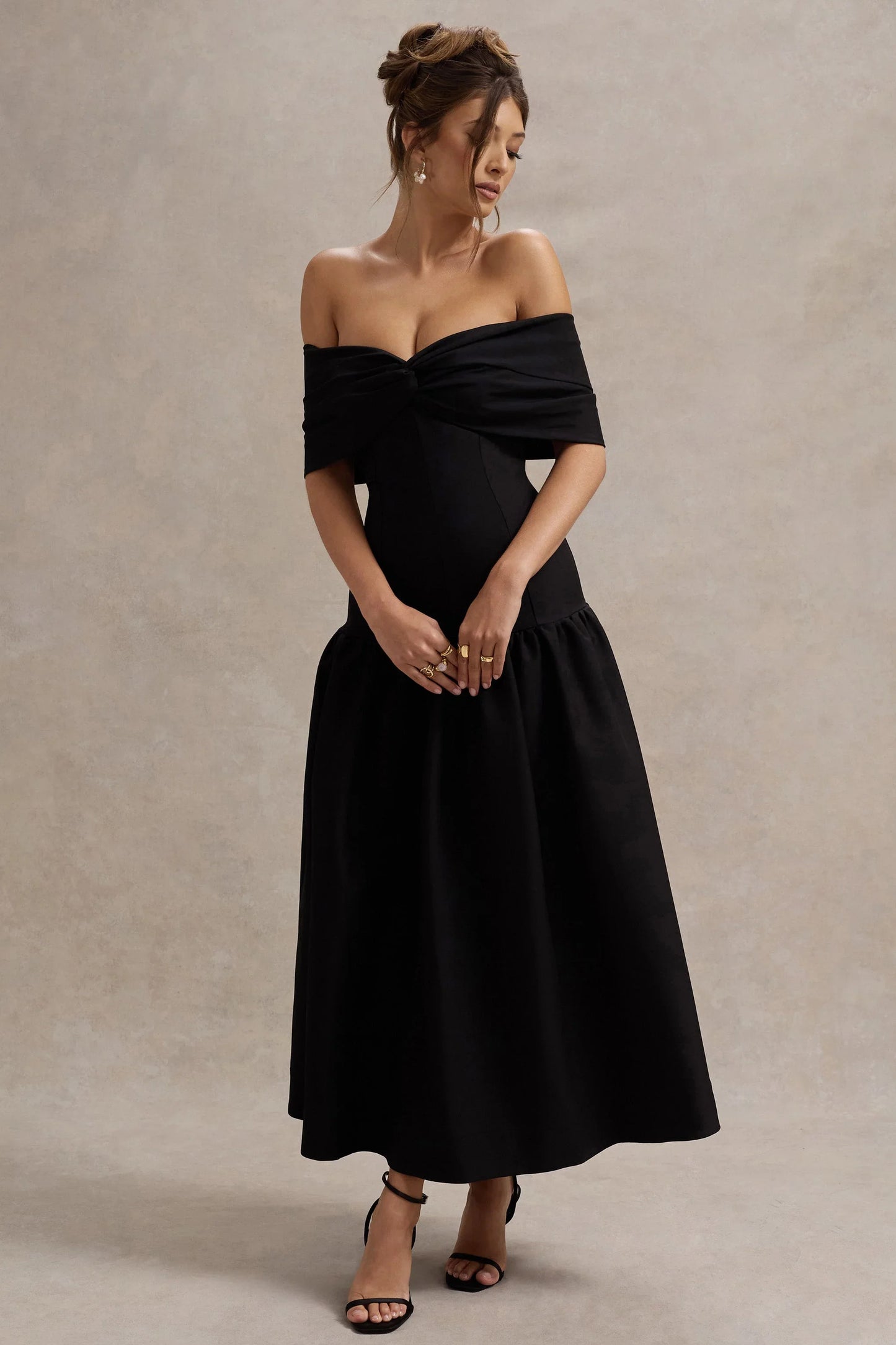 Marguerite Black Twisted Bardot Drop Waist Maxi Dress