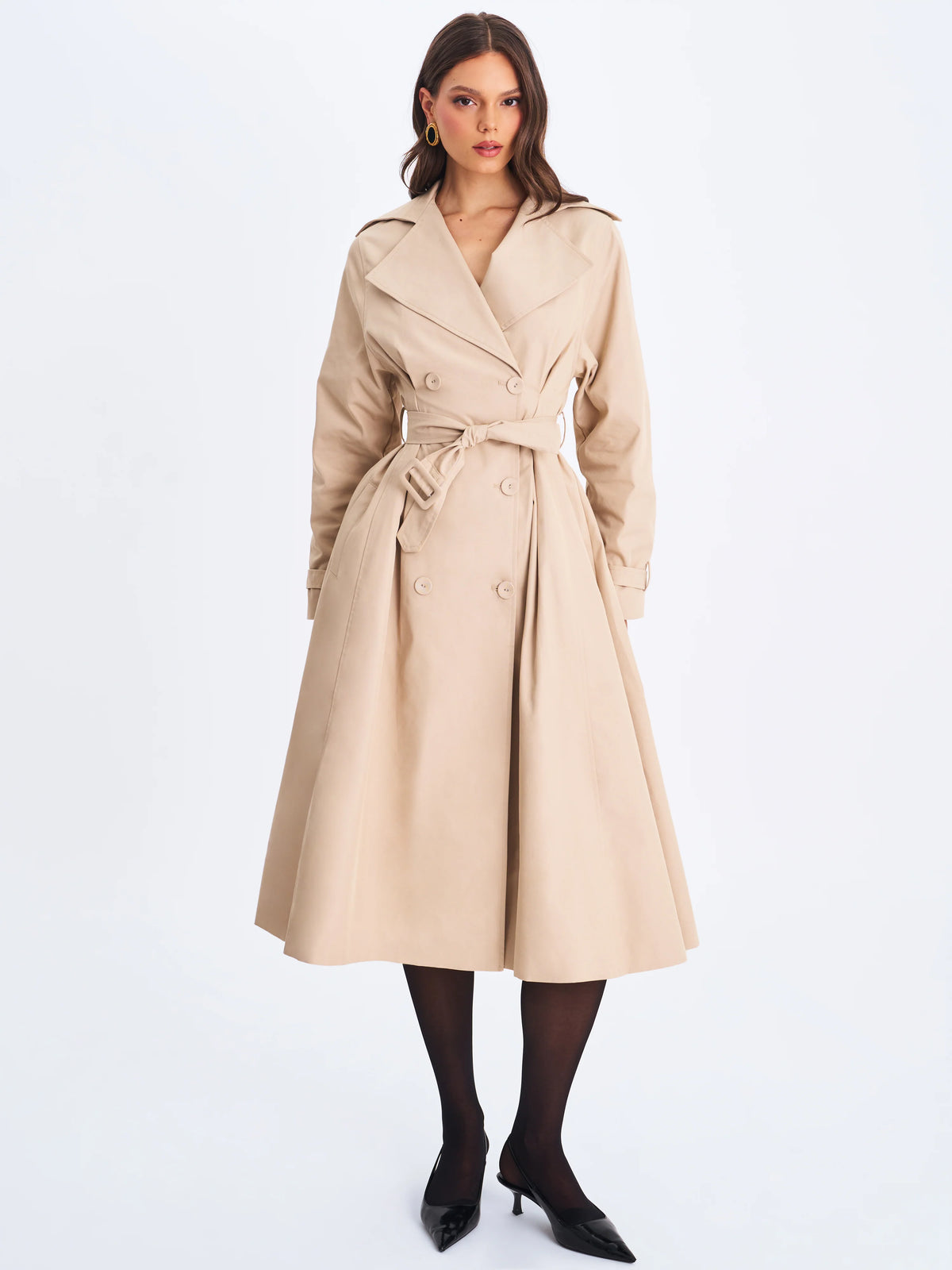 Ulila Beige Double Breasted Pleated Cotton Blend Trench Coat