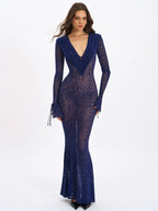 Ilyse Navy V Neck Plunge Animal Print Mermaid Hem Maxi Dress
