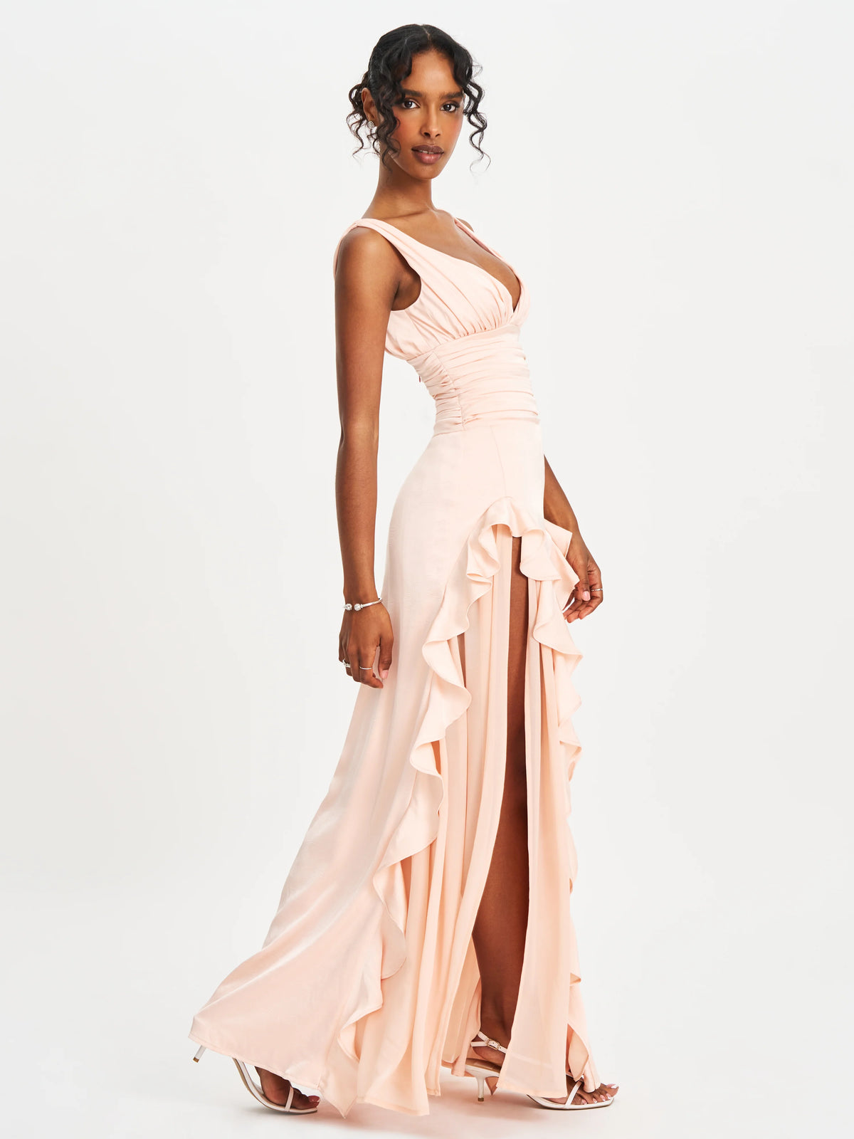 Talyssa Baby Pink Ruched Waist Double High Slit Maxi Gown Archive Sale