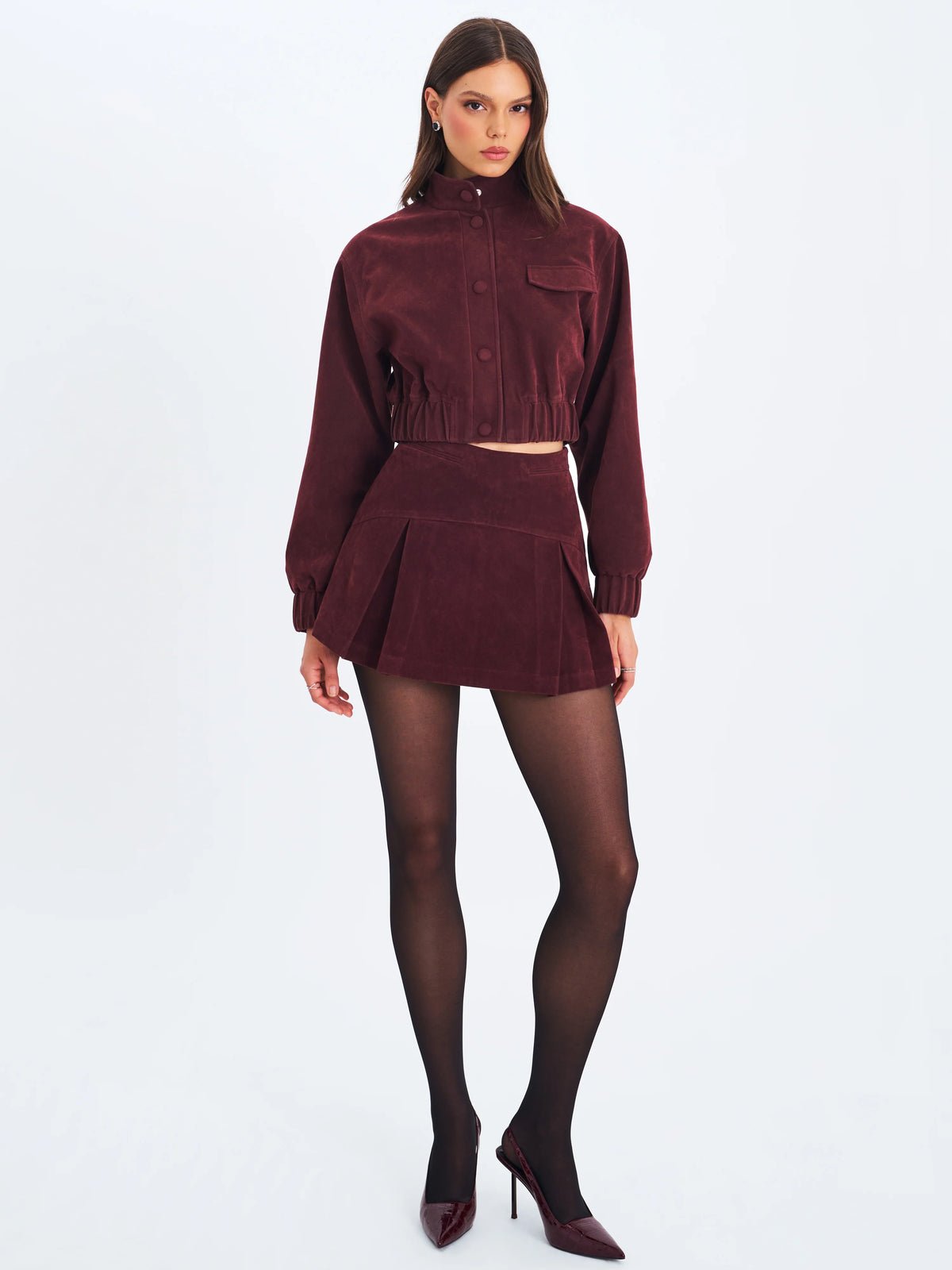 Farryn Mahogany Vegan Suede Cropped Bomber Jacket