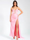 Marilyn Pink Satin Crystal Embellished High Slit Gown Archive Sale