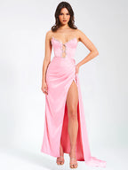 Marilyn Pink Satin Crystal Embellished High Slit Gown Archive Sale