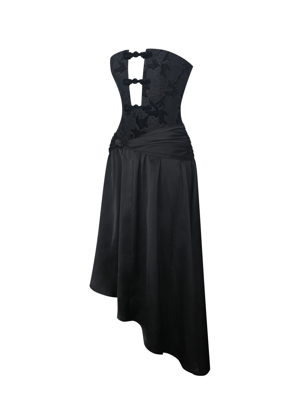 Yoseline Black Velvet Lace Cutout Asymmetrical Satin Midi Dress